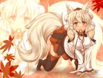  all_fours animal_ears black_legwear blush breasts collar hanging_breasts inubashiri_momiji kuromiya looking_at_viewer mouth_hold red_eyes silver_hair solo tail thigh-highs thighhighs touhou wolf_ears wolf_tail zettai_ryouiki zoom_layer 