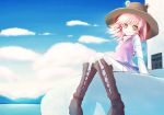  alternate_eye_color blonde_hair boots candy caoth cloud cross-laced_footwear eyes green_eyes hat jewelry lace-up_boots lollipop moriya_suwako mouth_hold no_nose ring sitting sky solo thigh-highs thighhighs touhou translation_request white_legwear 