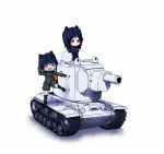  2girls blue_eyes chibi fang girls_und_panzer helmet homura-yoshida35 katyusha kv-2 military military_uniform military_vehicle multiple_girls nonna smile tank uniform vehicle 