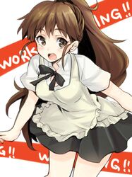  blush brown_eyes brown_hair k.y_ko long_hair looking_at_viewer open_mouth ponytail skirt smile solo taneshima_popura waitress working!! 