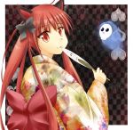  :3 animal_ears bust cat cat_ears checkered checkered_background fan ghost hair_ribbon japanese_clothes kaenbyou_rin kimono long_hair looking_back odero paper_fan red_eyes red_hair redhead ribbon solo touhou twintails uchiwa 