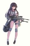  7.62x51mm_nato awc_g2a backpack battle_rifle bipod breasts brown_hair bullpup female footwear gun headset highres knee_pads loafers long_hair long_legs m14 nightmaremk2 one-piece_swimsuit original randoseru red_eyes rifle school_swimsuit scope shoes shoulder_bag simple_background small_breasts smile socks solo strap_cleavage swimsuit swimsuit_under_clothes thigh_holster thigh_strap weapon white_background 
