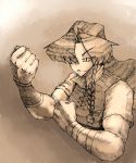  absurdres bandage braid clenched_hands fist hair_over_one_eye highres hong_meiling light_smile long_hair millipen_(medium) monochrome muscle sepia short_sleeves side_braid slit_pupils touhou traditional_media whiterock_chilly 