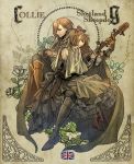  back bow brown_eyes brown_hair dress frills gathers hair_bow instrument leaf long_hair original personification ruffles 