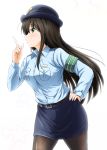  1girl brown_hair diesel-turbo green_eyes hat idolmaster idolmaster_cinderella_girls long_hair pantyhose police police_uniform policewoman shibuya_rin solo uniform 