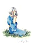  closed_eyes eyes_closed grass hands hands_clasped interlocked_fingers japanese_clothes kimono original phong_anh praying short_hair signature silver_hair sitting solo watermark 