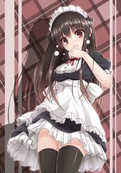  black_eyes black_hair black_legwear blush embarrassed from_below highres long_hair looking_down maid maid_headdress open_mouth original sena_chifuyu shadow solo thigh-highs thighhighs 