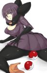  ass bob_cut breasts cleavage collar dress from_behind glasses gloves high_heels large_breasts maru_(maruttona) maruttona pantyhose pleated_skirt poke_ball pokemon pokemon_(game) pokemon_black_and_white pokemon_bw purple_eyes purple_hair rimless_glasses shikimi_(pokemon) shiny shiny_clothes shoes short_hair simple_background skirt solo violet_eyes white_background 