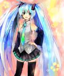  asuna_(i_luv) bad_id bare_shoulders black_legwear blue_eyes blue_hair detached_sleeves hand_on_hip hatsune_miku hips long_hair open_mouth pleated_skirt skirt smile solo thigh-highs thighhighs twintails very_long_hair vocaloid zettai_ryouiki 