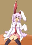  animal_ears bad_id be_(o-hoho) blush breasts bunny_ears dress_shirt footwear highres kneehighs long_hair necktie open_mouth oversized_clothes oversized_shirt pleated_skirt purple_hair red_eyes reisen_udongein_inaba shirt sitting skirt sleeves_past_wrists smile socks solo touhou 