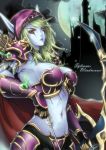  arrow blue_skin bow bow_(weapon) breasts cleavage elf hood large_breasts midriff pointy_ears sennoyume solo sylvanas_windrunner undead warcraft weapon world_of_warcraft 