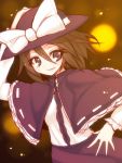  1girl bow brown_eyes brown_hair capelet hat hat_bow holding holding_hat kuresento solo sweatdrop touhou usami_renko 