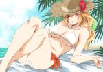  blonde_hair breasts cleavage collarbone criss-cross_halter flower front-tie_top gradient_hair green_hair halter_top halterneck hat hibiscus highres lips lying mikuni_saho milla_maxwell multicolored_hair purple_eyes sarong straw_hat swimsuit tales_of_(series) tales_of_xillia underboob violet_eyes 