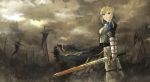  armor armored_dress battlefield blonde_hair blue_eyes dress excalibur fate/stay_night fate/zero fate_(series) gauntlets rain saber seafh standing sword weapon 