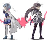  akemi_homura b3 bandaid black_hair blue_hair bruise cape closed_eyes hairband injury long_hair magical_girl mahou_shoujo_madoka_magica miki_sayaka multiple_girls pantyhose short_hair torn_cape torn_clothes torn_pantyhose 