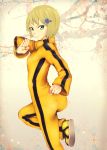  blonde_hair bruce_lee&#039;s_jumpsuit bruce_lee's_jumpsuit fighting_stance flower green_eyes hair_ornament hairclip huang_baoling infinote panty_line pantylines shoes short_hair sneakers solo tiger_&amp;_bunny 