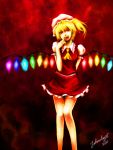  arm_behind_back blonde_hair blood crystal fang flandre_scarlet frills hat johnalay miniskirt red_eyes side_ponytail signature skirt skirt_set smile solo the_embodiment_of_scarlet_devil tongue touhou wings 