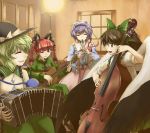  abo_(hechouchou) accordion acoustic_guitar animal_ears black_hair black_wings bow braid caesar_et_cleopatra cat_ears cello flute green_hair guitar hair_bow instrument kaenbyou_rin komeiji_koishi komeiji_satori multiple_girls pink_hair purple_hair red_eyes reiuji_utsuho short_hair smile third_eye touhou twin_braids wings wink 