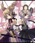  animal_ears basket belt brown_eyes brown_hair capelet dowsing_rod earmuffs grey_hair headphones highres mouse mouse_ears mouse_tail multiple_girls nazrin pointing pointing_at_viewer red_eyes ritual_baton sheath shope short_hair smile sword tail touhou toyosatomimi_no_miko weapon 
