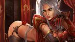  bent_over blood_elf breasts cleavage dantewontdie elbow_gloves flower garter_belt gloves green_eyes highres lips pointy_ears rose silver_hair solo thighhighs warcraft world_of_warcraft 