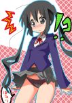  1girl black_hair black_panties blush brown_eyes k-on! long_hair nakano_azusa panties school_uniform skirt skirt_flip solo twintails underwear yuubi 