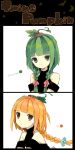  bare_shoulders braid green_eyes green_hair highres multiple_girls oekaki orange_eyes orange_hair original personification pumpkin 