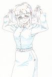  akizuki_ritsuko antenna_hair belt glasses hair_down idolmaster kaimu_(pixiv) lineart monochrome scrunchie skirt smile solo 