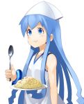  blue_eyes blue_hair dress eating fried_rice hat ikamusume jyon long_hair plate shinryaku!_ikamusume spoon tentacle_hair 