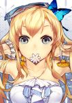  bare_shoulders blonde_hair blue_eyes boku_wa_tomodachi_ga_sukunai bracelet bust butterfly butterfly_hair_ornament earrings el-zheng face flower_in_mouth hair_ornament highres jewelry kashiwazaki_sena long_hair mouth_hold solo sunglasses sunglasses_on_head 