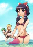  abua ball beachball bikini bikini_skirt black_hair blonde_hair blush cloud frown green_hair hair_tubes hakurei_reimu hands_on_hips highres kirisame_marisa kochiya_sanae multiple_girls navel o-ring_bottom shy swimsuit touhou wading water yin_yang 