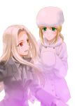  blonde_hair boots coat cosplay costume_switch fate/stay_night fate/zero fate_(series) formal green_eyes irisviel_von_einzbern long_hair mitsuha multiple_girls necktie pant_suit pantyhose red_eyes saber suit thigh_boots thighhighs white_hair winter_clothes 