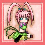 aqua_eyes boots chelsea_torn dress hair_ornament hairpin knee_pads long_hair looking_back midriff noto-kanna pink_hair puffy_sleeves sitting solo tales_of_(series) tales_of_destiny twintails wariza 