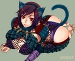  animal_ears armor ass barefoot blush breasts brown_hair capcom cat_ears cat_tail cleavage fishnets gloves hairband hochikisu large_breasts monster_hunter nargacuga_(armor) naruga red_eyes short_hair smile solo tail thigh-highs thighhighs 