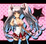  adapted_costume alternate_costume alternate_hairstyle bangs black_legwear blush body_blush breasts cleavage collarbone finger_gun fujiwara_no_mokou hair_ribbon letterboxed long_hair looking_at_viewer midriff miniskirt no_bra open_clothes open_shirt pink_background pleated_skirt red_eyes ribbon shiny shiny_skin shirohebi_shinpu shirt silver_hair skirt sleeveless sleeveless_shirt smile solo spell_card standing straight_hair thigh-highs thighhighs touhou twintails zettai_ryouiki 