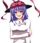  :d bad_id blue_hair bow breast_hold breasts crossed_arms hat iwanori large_breasts nagae_iku open_mouth red_eyes ribbon smile solo touhou 
