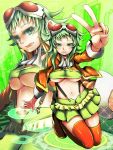  boots breasts goggles goggles_on_head green_eyes green_hair gumi highres huster_ham jacket megpoid_(vocaloid3) midriff navel short_hair skirt smile solo suspenders thigh-highs thigh_boots thighhighs under_boob underboob v vocaloid zettai_ryouiki 