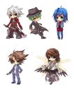  aqua_eyes argent-ag belt blazblue blue_hair brown_eyes brown_hair card cardfight!!_vanguard character_request chibi gloves green_eyes green_hair hand_on_hip hat hazama heterochromia hips holding holding_card jacket kai_toshiki male multiple_boys pants ragna_the_bloodedge red_eyes sendou_aichi shirt smile spiked_hair spiky_hair sword weapon white_background white_hair wink 