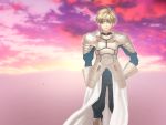  ahoge archetype_saber armor blonde_hair fate/prototype fate/stay_night fate_(series) green_eyes horizon male parody saber_(fate/prototype) saver short_hair solo soloahoge sunset yeichi 