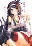  1girl black_hair breasts cleavage comic detached_sleeves fusou_(kantai_collection) hair_ornament head_tilt headband kantai_collection long_hair looking_at_viewer machinery nontraditional_miko pleated_skirt red_eyes sitting skirt smile sogabe_toshinori solo sweat translation_request turret 