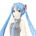  alternate_hair_color aqua_eyes aqua_hair bad_id bare_shoulders blue_hair bust finger_to_mouth hatsune_miku highres long_hair looking_at_viewer necktie nekobaka simple_background smile solo thinking twintails very_long_hair vocaloid 