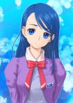  blue_background blue_eyes blue_hair bow long_hair minazuki_karen precure rasukaru ribbon school_uniform smile solo yes!_precure_5 