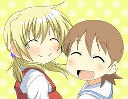  ^_^ aioi_yuuko aozora_(syun8823) blonde_hair brown_hair closed_eyes crossover eyes_closed hidamari_sketch miyako multiple_girls nichijou school_uniform short_hair smile 