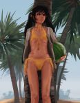  absurdres bikini black_hair black_rock_shooter black_rock_shooter_(character) doyora faux_traditional_media flat_chest food fruit highres navel open_clothes open_shirt palm_tree scar side-tie_bikini swimsuit tree twintails watermelon 
