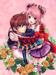  1girl asbel_lhant blue_eyes bow brown_eyes brown_hair cheria_barnes coat couple flower hair_ribbon hug pink_hair puffy_sleeves ribbon rose sasaki_yuki short_hair short_twintails skirt smile tales_of_(series) tales_of_graces twintails two_side_up yellow_rose 