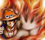  beads brown_hair fire foreshortening grin hands hat highres johnalay male one_piece portgas_d_ace shirtless smile solo 