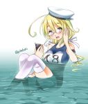  1girl :d blonde_hair blue_eyes bow cellphone glasses hair_bow hair_ribbon hat holding i-8_(kantai_collection) in_water kantai_collection long_hair looking_at_viewer low_twintails open_mouth phone ribbon school_swimsuit sitting smartphone smile sogabe_toshinori solo swimsuit thigh-highs twintails white_legwear 