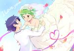  1girl baka_to_test_to_shoukanjuu blush couple dress english green_hair kaminoya kudou_aiko short_hair tsuchiya_kouta wedding wedding_dress 