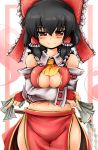  adapted_costume ascot bare_shoulders black_hair blush bow breasts bridal_gauntlets cleavage crossed_arms detached_sleeves gohei hair_bow hair_tubes hakurei_reimu japanese_clothes large_breasts looking_at_viewer miko ofuda okiraku_nikku okirakunikku red_eyes short_hair side_ponytail smile solo touhou 