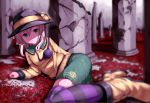  blurry depth_of_field green_eyes hat highres kinniku1234 komeiji_koishi looking_at_viewer lying on_side petals pillar short_hair silver_hair skirt smile solo striped striped_legwear thighhighs third_eye touhou 