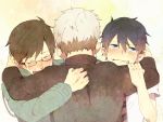  black_hair blue_eyes brothers family fujimoto_shirou glasses grey_hair group_hug hug multiple_boys necktie okumura_rin okumura_yukio pointy_ears school_uniform short_hair siblings striped striped_necktie tears ws_(pixiv) 